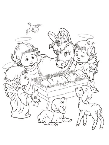 Nativity Scene with Cute Angels and Animals Coloring page