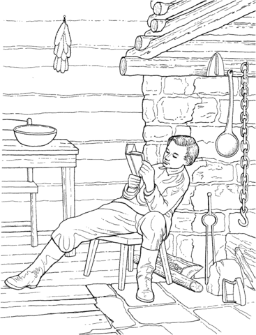 Boy Abe Lincoln Reading in a Log Cabin Coloring page