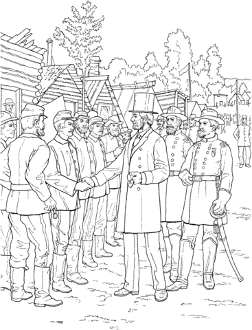 President Abraham Lincoln Greeting Soldiers Coloring page