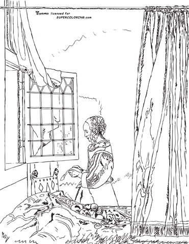A Girl Reading A Letter By An Open Window By Johannes Vermeer  Coloring page