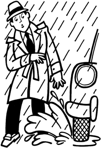 April Rain. A car is splashing puddles on a pedestrian. Man in coat is walking in the street. Coloring page