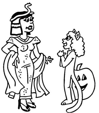 Cleopatra and devil costumes on halloween Coloring page