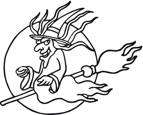 Evil Woman Flying On Broom  Coloring page