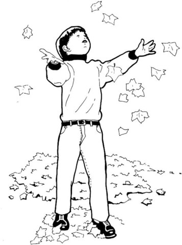 A boy is playing with falling leaves in the Fall Coloring page