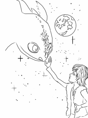 Hiccup Stroking Night Fury At Night Coloring page