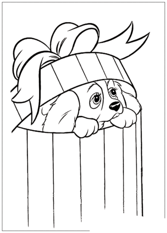 A puppy in a gift box  Coloring page
