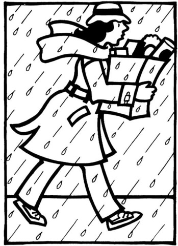 Windy and rainy weather in October. Mom is coming back home.  Coloring page