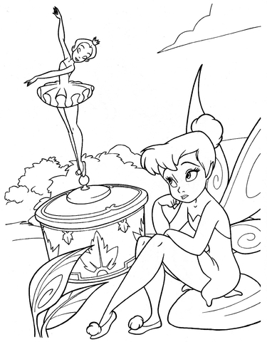 Tinkerbell is looking at a ballet dancer statue  Coloring page