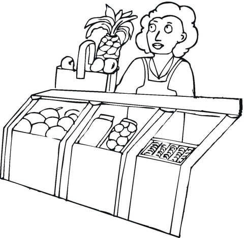 Seller In The Grocery Shop  Coloring page