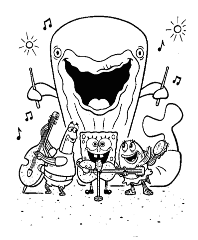 Spongebob and his friends are singing and playing music instruments. A Whale behind them plays the drums. Coloring page
