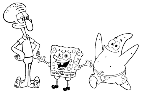 Squidward Tentacles, SpongeBob and Patrick Star Coloring page