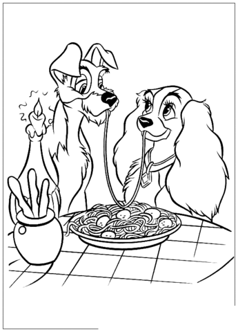 The Trump and Lady are eating Tasty Spaghetti Coloring page