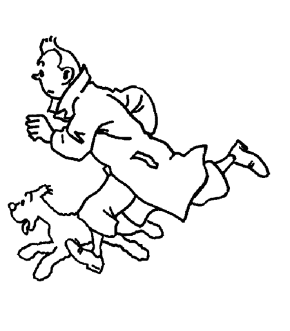 Tintin is running with his dog Snowy Coloring page