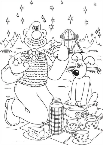 Wallace And Gromit Eating Cheese On The Moon  Coloring page