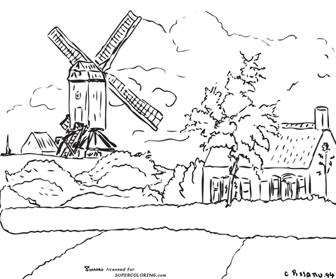 Windmill at Knock Belgium By Camille Pissarro  Coloring page