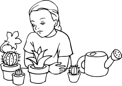A Girl Learning About Plants and Cacti Coloring page