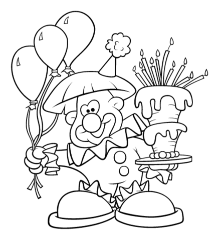 A Clown holds balloon and cake  Coloring page
