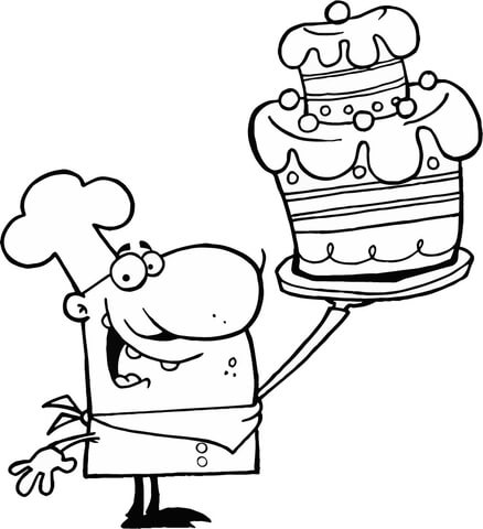 A Proud Chef Holds up Decorated Cake Coloring page