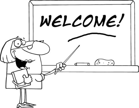 A Woman School Teacher with a Pointer Displayed on Chalk Board Text Welcome Coloring page