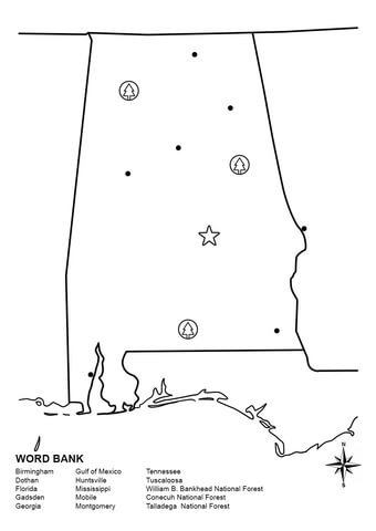 Alabama Map Worksheet Coloring page