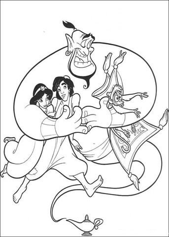 Aladdin, Jasmine, Abu and the Carpet  Coloring page