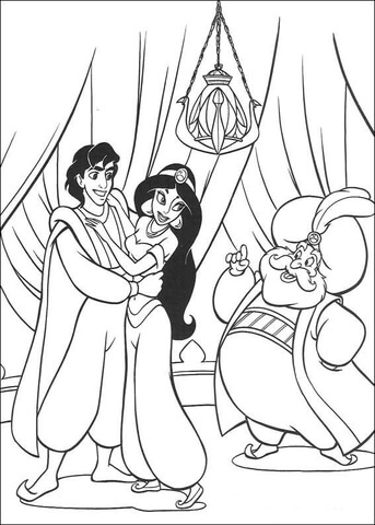 Aladdin, Jasmine and the Sultan  Coloring page