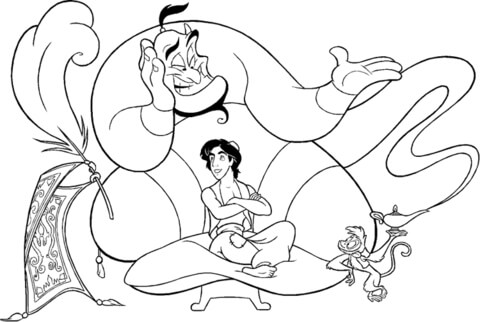 Aladdin with his genie  Coloring page