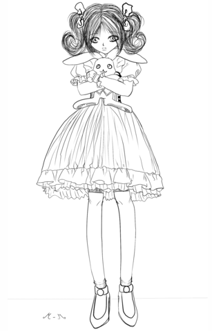Anime Girl with Stuffed Bunny by Gabriela Gogonea Coloring page