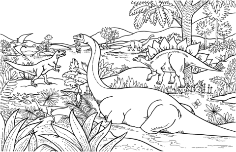 Apatosaurus-Brontosaurus, Rhamphorhynchus, Allosaurus, Stegosaurus, Archaeopteryx and Coelurus Coloring page