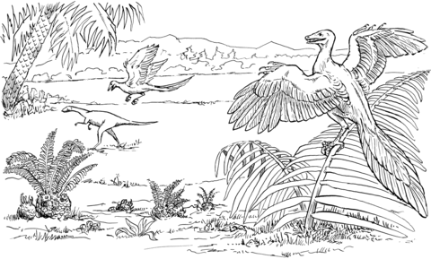 Archaeopteryx and Compsognathus Coloring page