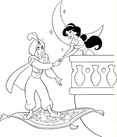 Prince Ali meets Jasmine at night Coloring page