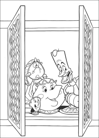 Cogsworth, LumiГЁre and Mrs. Potts at the window  Coloring page