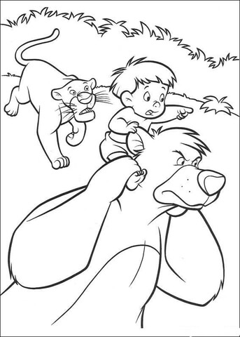 Baloo Bagheera And A Boy Is Running Together  Coloring page