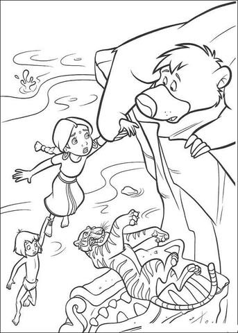 Baloo Try To Catch The Indian Girl And Mowgli  Coloring page