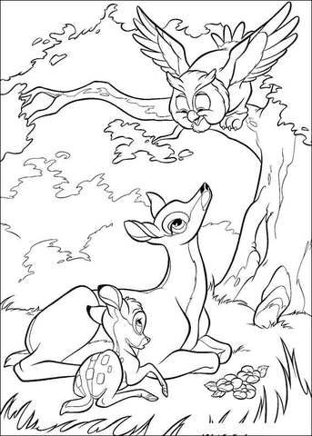 Bambi, His Mom And Owl  Coloring page