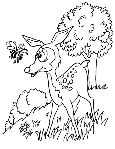 A fawn and a bee  Coloring page