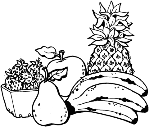 Hand of Banana, pineapple, pear, strawberries basket and apple Coloring page