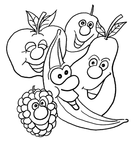 Cartoon Banana, Pear, Apple, berry and cherry.  Coloring page
