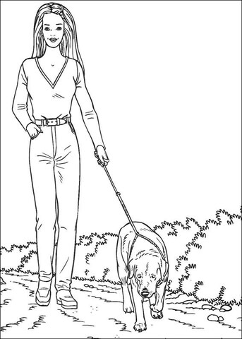 Barbie is walking the dog Coloring page