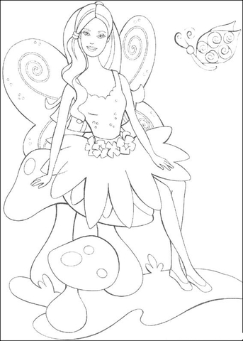 Fairy Barbie is Sitting on a mushroom Coloring page