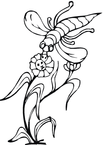 A flower pollinated by a bee Coloring page