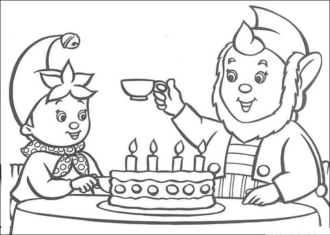 Big-Ears Offers A Cup Of Tea to Noddy. A birthday cake is on the table. Coloring page