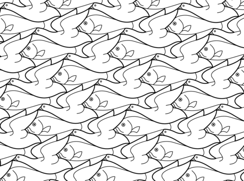 Bird Fish Tessellation by M.C. Escher Coloring page