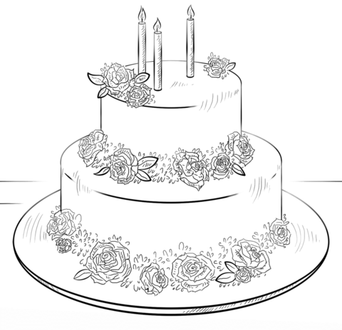 Birthday cake with roses Coloring page