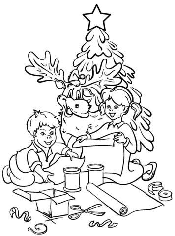 Chrildren are decorating Christmas Tree  Coloring page