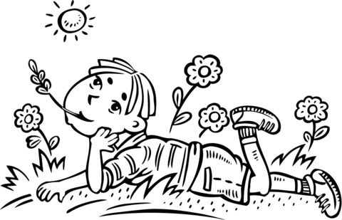 Boy Daydreaming in a Field Coloring page