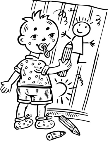 Boy Drawing Pictures on Wall Coloring page