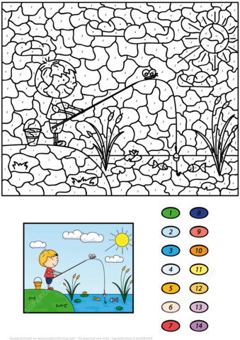 Boy Fisherman with Fishing Rod on the Lake Color by Number Coloring page