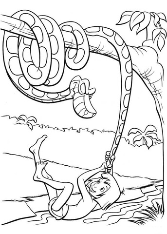 Mowgli plays With A tail of Kaa python  Coloring page