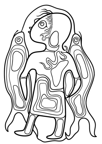 Boy with Fish by Norval Morrisseau Coloring page